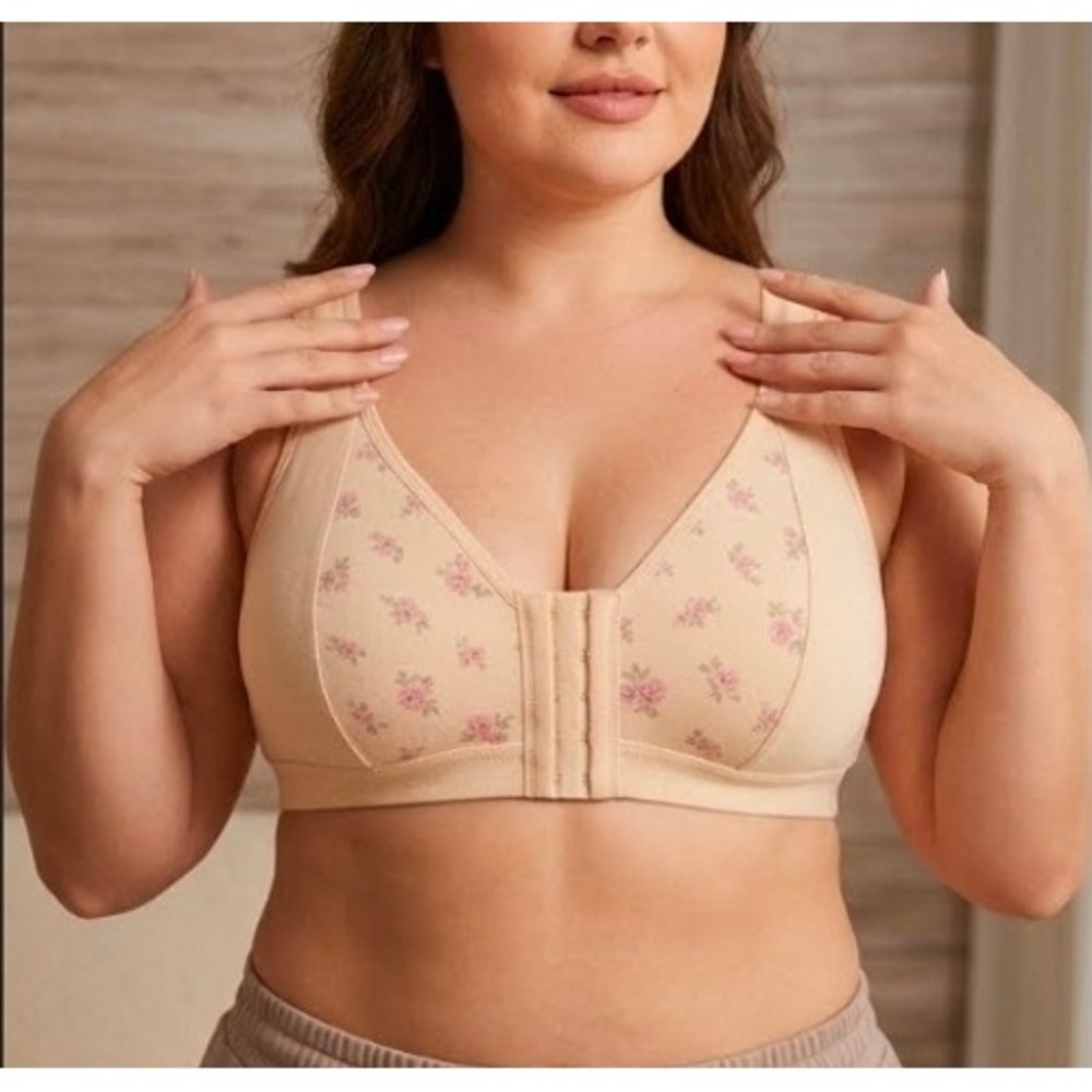 FionaBra Beige Floral Wireless Bra 2XL Comfort Front Closure Lace Trim Crossover